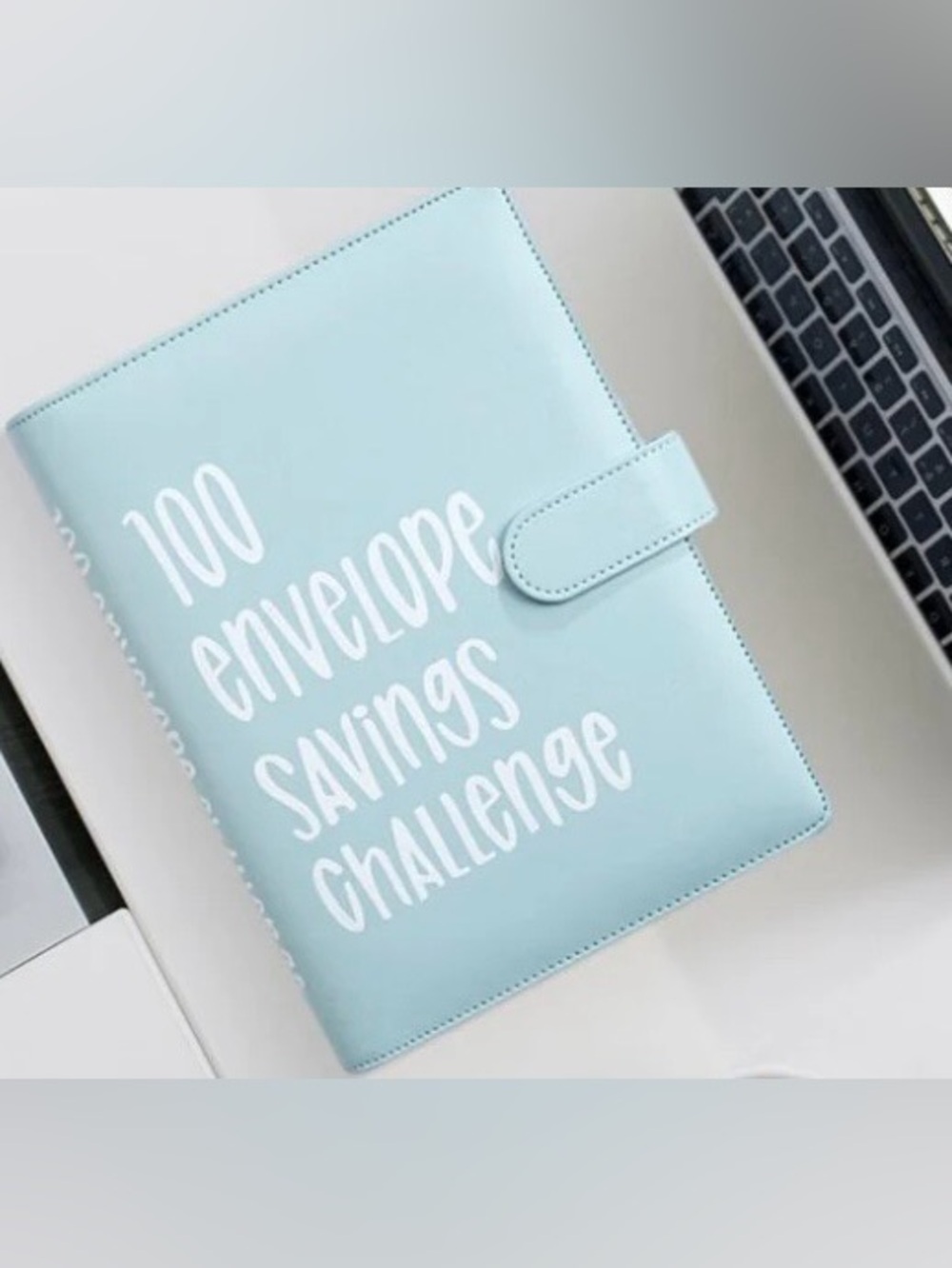 This is a blue 100 Envelope Savings Challenge binder.